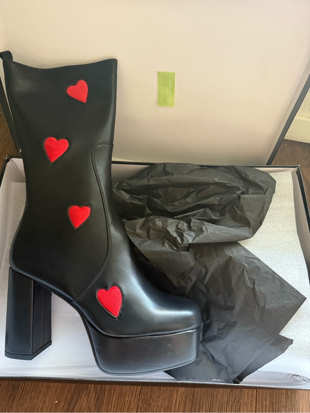 Lamoda Black Platform Knee-High Boots with Red Heart Accents size 12